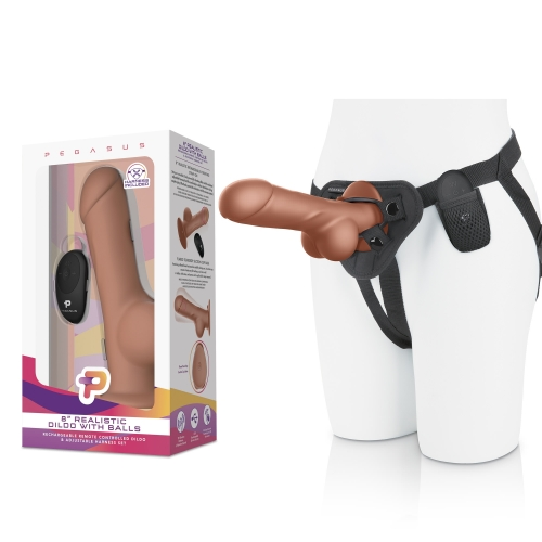Pegasus 8” Remote Control Realistic Silicone dildo with balls and Harness included