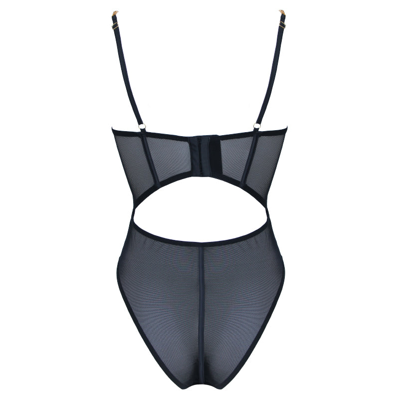Muse Lingerie Black Mesh Bodysuit with Gold Chain Straps PL011BLK Size S/M/L/XL