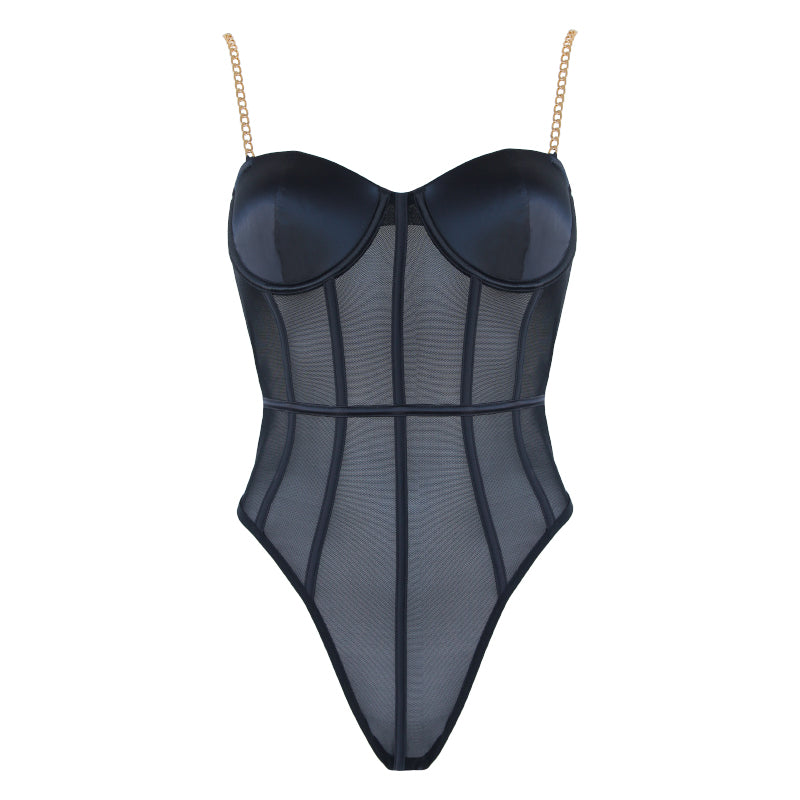 Muse Lingerie Black Mesh Bodysuit with Gold Chain Straps PL011BLK Size S/M/L/XL