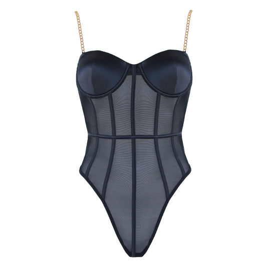Muse Lingerie Black Mesh Bodysuit with Gold Chain Straps PL011BLK Size S/M/L/XL