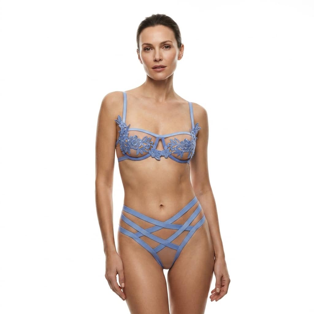 Muse Lingerie Bra With Floral Applique and Criss Cross G-String Blue PL013BLU - Size S/M/L/XL