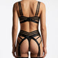 Muse Lingerie 4 Piece Bra, G-String, Garter Belt, Two Leg Straps Set Black Size S/M/L