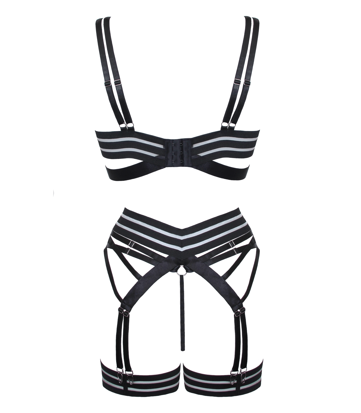 Muse Lingerie 4 Piece Bra, G-String, Garter Belt, Two Leg Straps Set Black Size S/M/L