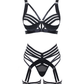 Muse Lingerie 4 Piece Bra, G-String, Garter Belt, Two Leg Straps Set Black Size S/M/L