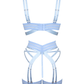 Muse Lingerie 4 Piece Bra, G-String, Garter Belt, Two Leg Straps Set Blue Size S/M/L