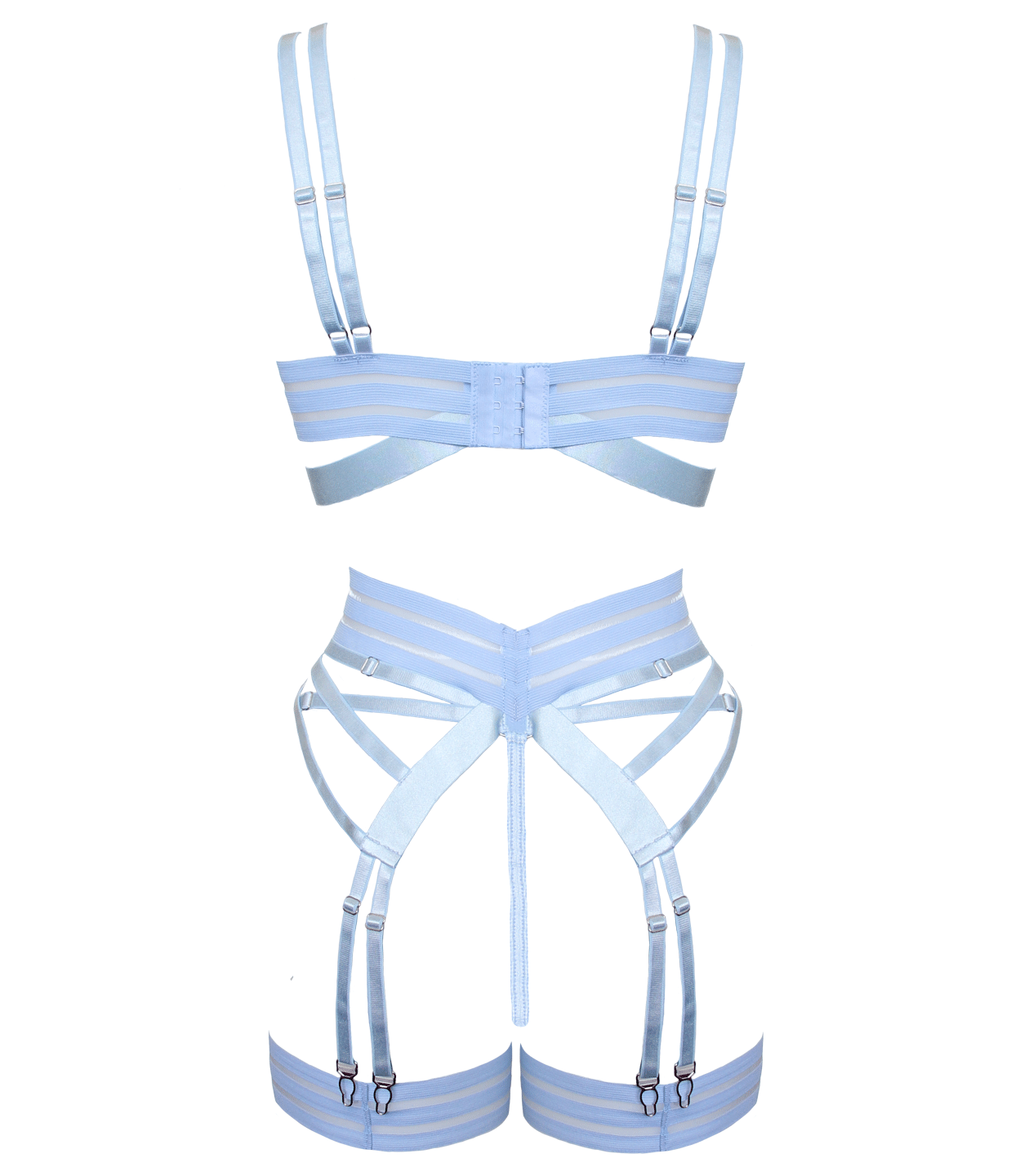 Muse Lingerie 4 Piece Bra, G-String, Garter Belt, Two Leg Straps Set Blue Size S/M/L