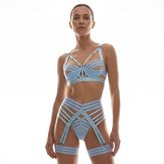 Muse Lingerie 4 Piece Bra, G-String, Garter Belt, Two Leg Straps Set Blue Size S/M/L