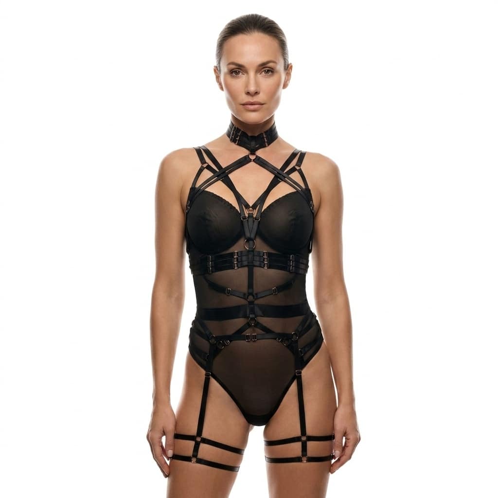 Muse Lingerie 3 Piece Bodysuit With Elastic Brace Top And Garter Belt Black Size S/M/L