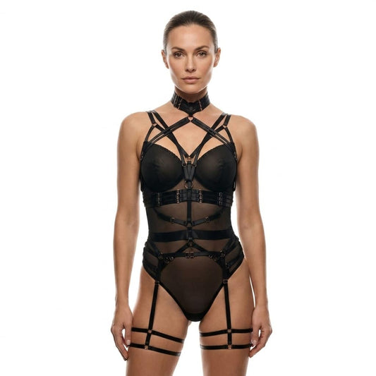 Muse Lingerie 3 Piece Bodysuit With Elastic Brace Top And Garter Belt Black Size S/M/L