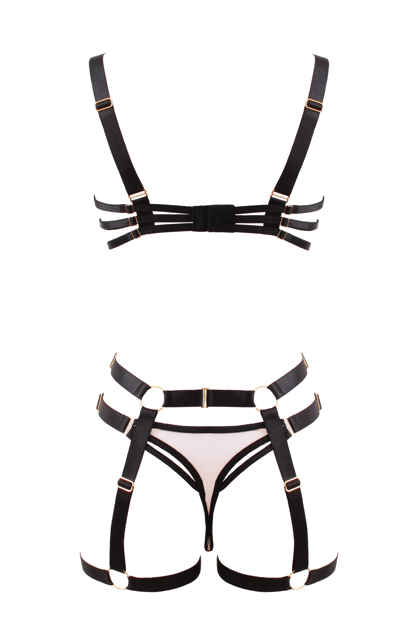 Muse Lingerie 3 Piece Contrast Nude & Black Bra & Panty Set With Elastic Leg Garter Belt Size S/M/L