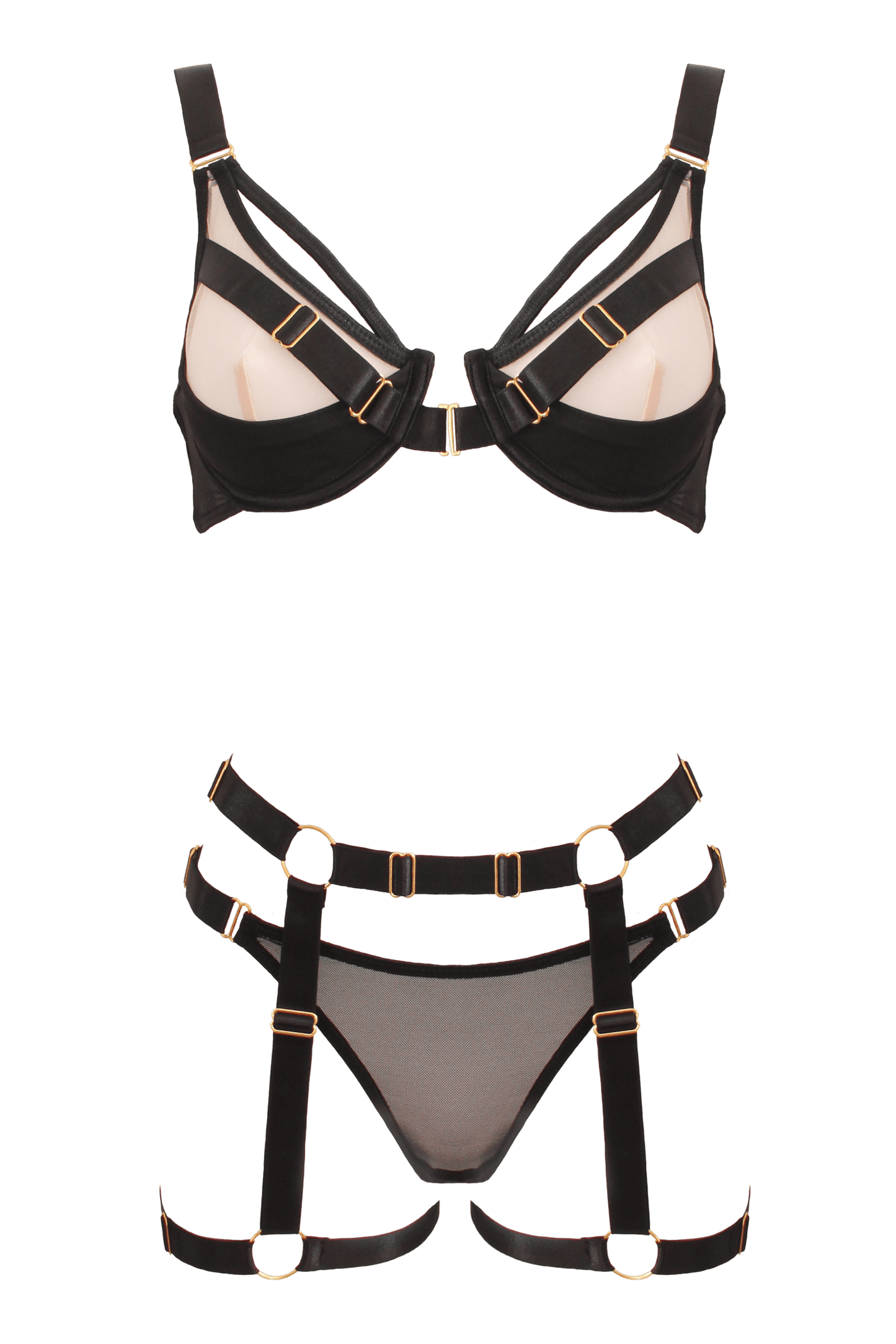 Muse Lingerie 3 Piece Contrast Nude & Black Bra & Panty Set With Elastic Leg Garter Belt Size S/M/L