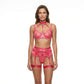 Muse Lingerie 5 Piece Set Harness Bra, G-String, Garter Belt, 2x Thigh Bands Pink - Size S/M/L/XL