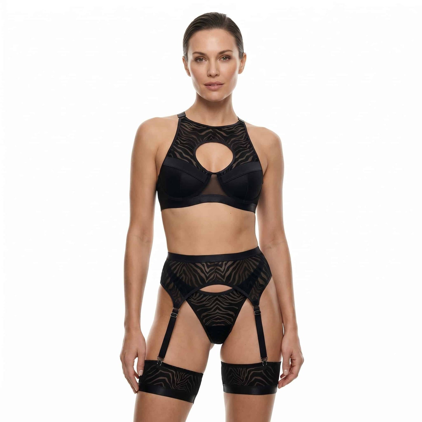 Muse Lingerie 5 Piece Mesh Lingerie Set with A Velvet-Flocked Zebra Print Size S/M/L