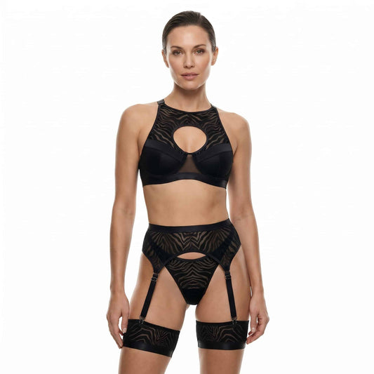 Muse Lingerie 5 Piece Mesh Lingerie Set with A Velvet-Flocked Zebra Print Size S/M/L