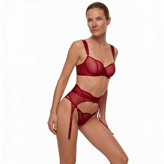 Muse Lingerie 3 Piece Sheer Mesh & Satin Lingerie Set Red Size S/M/L