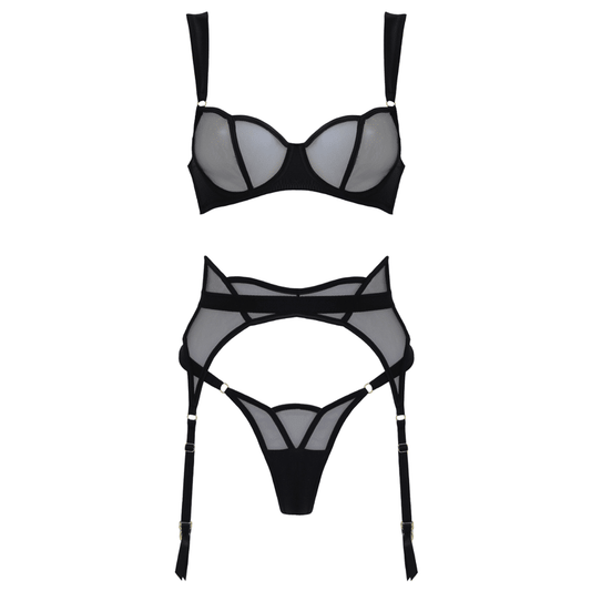 Muse Lingerie 3 Piece Sheer Mesh & Satin Lingerie Set Black Size S/M/L