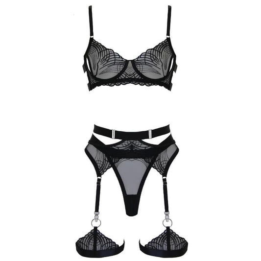Muse Lingerie 5 Piece Bra, G-String, Garter Belt, Thigh Bands Lingerie Set Black Size S/M/L