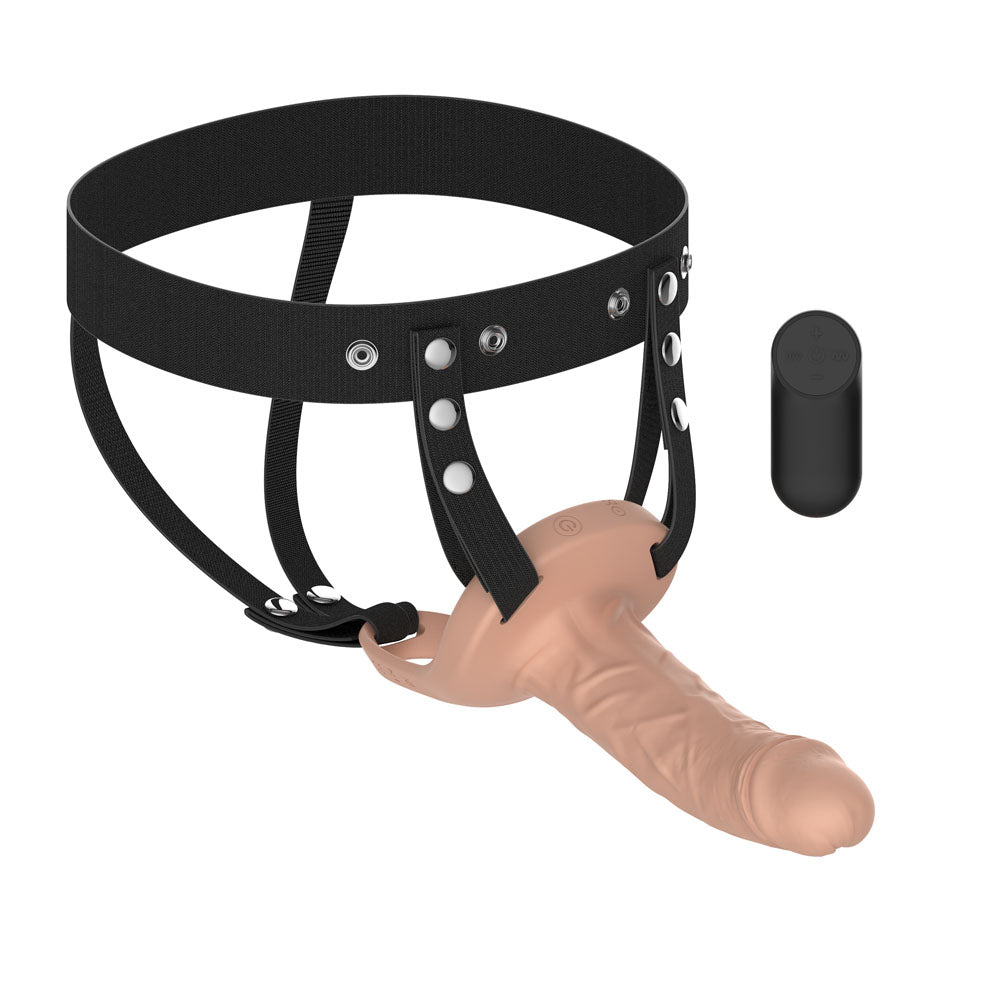Passion Play Vibrating Realistic Hollow Strap-On with Wireless Remote - Flesh