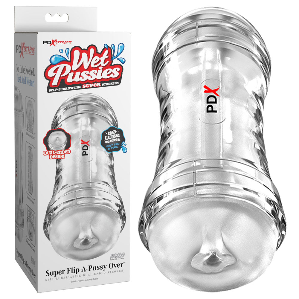 Pipedream PDX Wet Pussies Super Flip-A-Pussy Over - Clear Dual Ended Self Lubricating Stroker (Vagina & Ass)