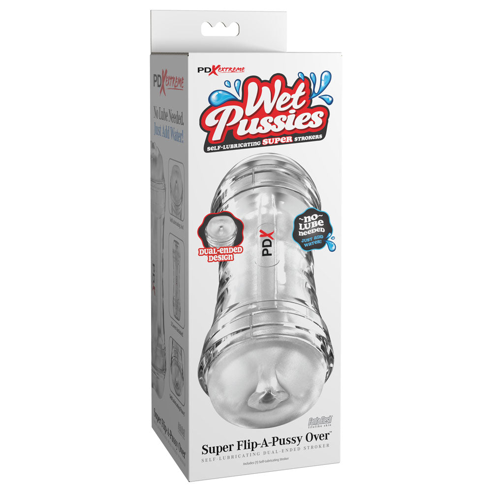 Pipedream PDX Wet Pussies Super Flip-A-Pussy Over - Clear Dual Ended Self Lubricating Stroker (Vagina & Ass)