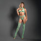 Fantasy Lingerie SHEER HEART OF GLASS - Lace Knit Halter Tie Top, G-string Panty And Gartered Stockings Seaglass Green One Size