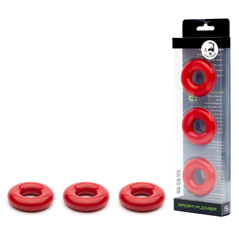 Sport Fucker Rubber Cockring - Red Cock Ring Set - 3 Pack