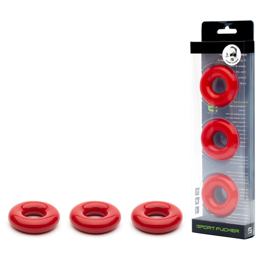Sport Fucker Rubber Cockring - Red Cock Ring Set - 3 Pack