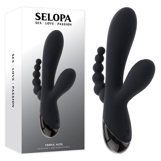 Selopa TRIPLE ACES - Black 19.7cm USB Rechargeable Triple Stimulator Vibrator