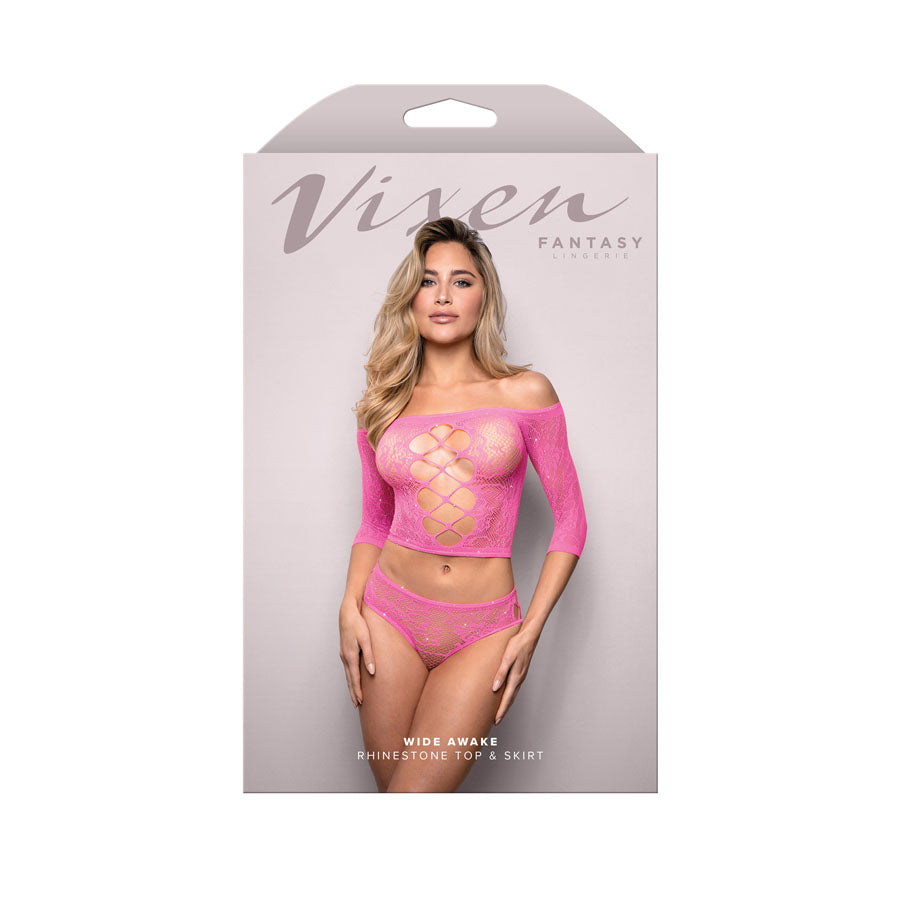 Fantasy Lingerie VIXEN WIDE AWAKE - Rhinestone Lace Knit Off-shoulder Top And Panty Pink One Size