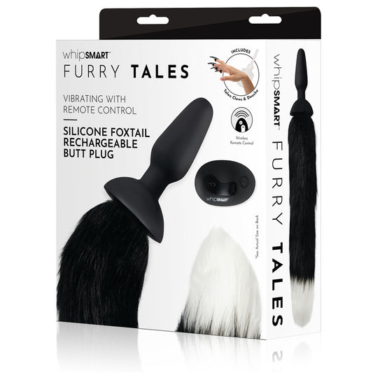 WhipSmart Furry Tales Silicone Foxtail Rechargeable Butt Plug - Black 9.5cm Vibrating Butt Plug with Black Fox Tail & Remote Control