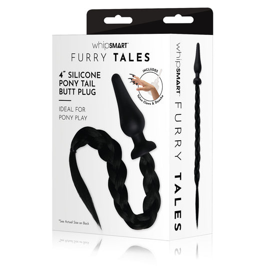 WhipSmart Furry Tales 4" Silicone Pony Tail Butt Plug - Black 10.1cm Butt Plug with Black Pony Tail