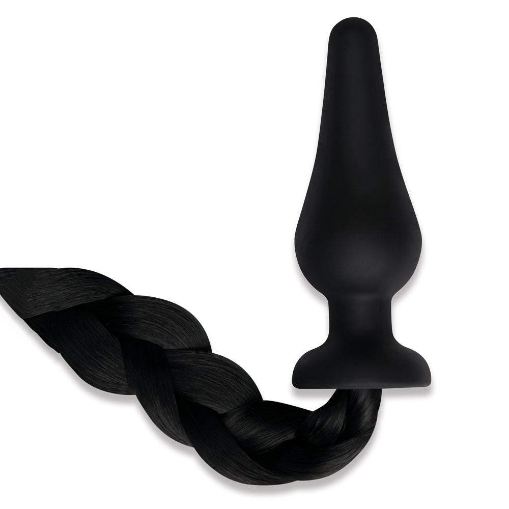 WhipSmart Furry Tales 4" Silicone Pony Tail Butt Plug - Black 10.1cm Butt Plug with Black Pony Tail