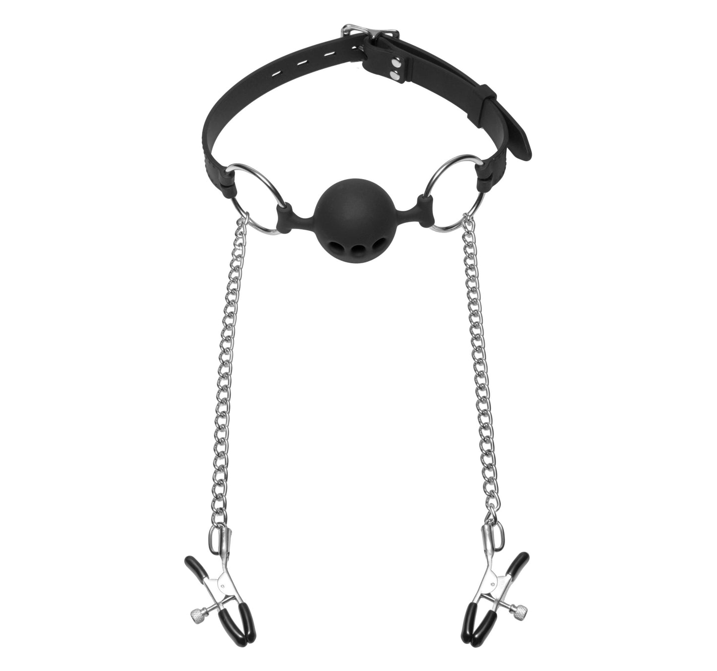 Master Series Hinder Breathable Silicone Ball Gag With Nipple Clamps