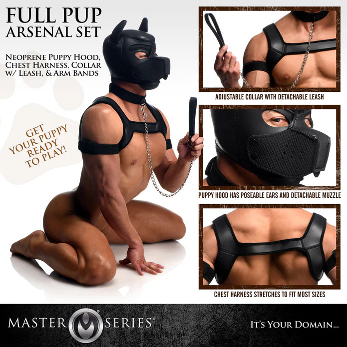 Master Series Full Pup Arsenal Set Neoprene Puppy Hood, Chest Harness, Collar W/ Leash, & Arm Bands