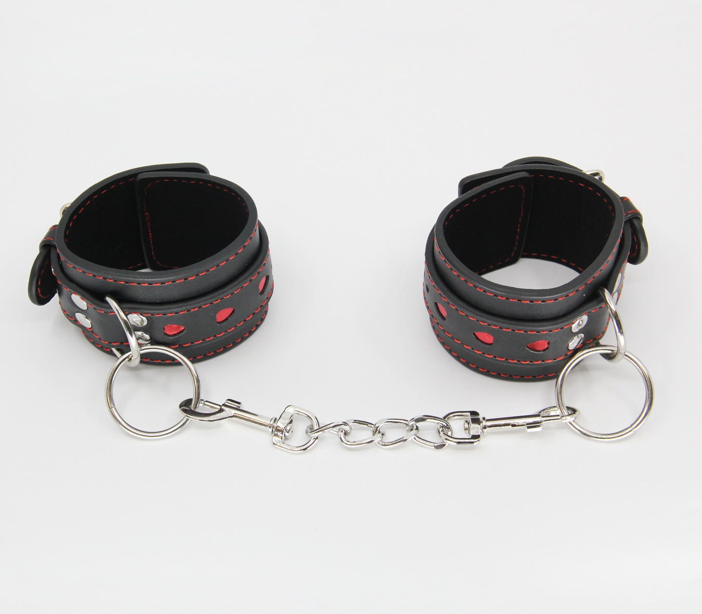 Love In Leather Black Faux Leather Wrist Cuffs With Red Metallic Heart