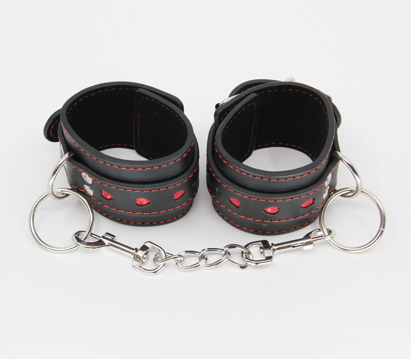 Love In Leather Black Faux Leather Wrist Cuffs With Red Metallic Heart