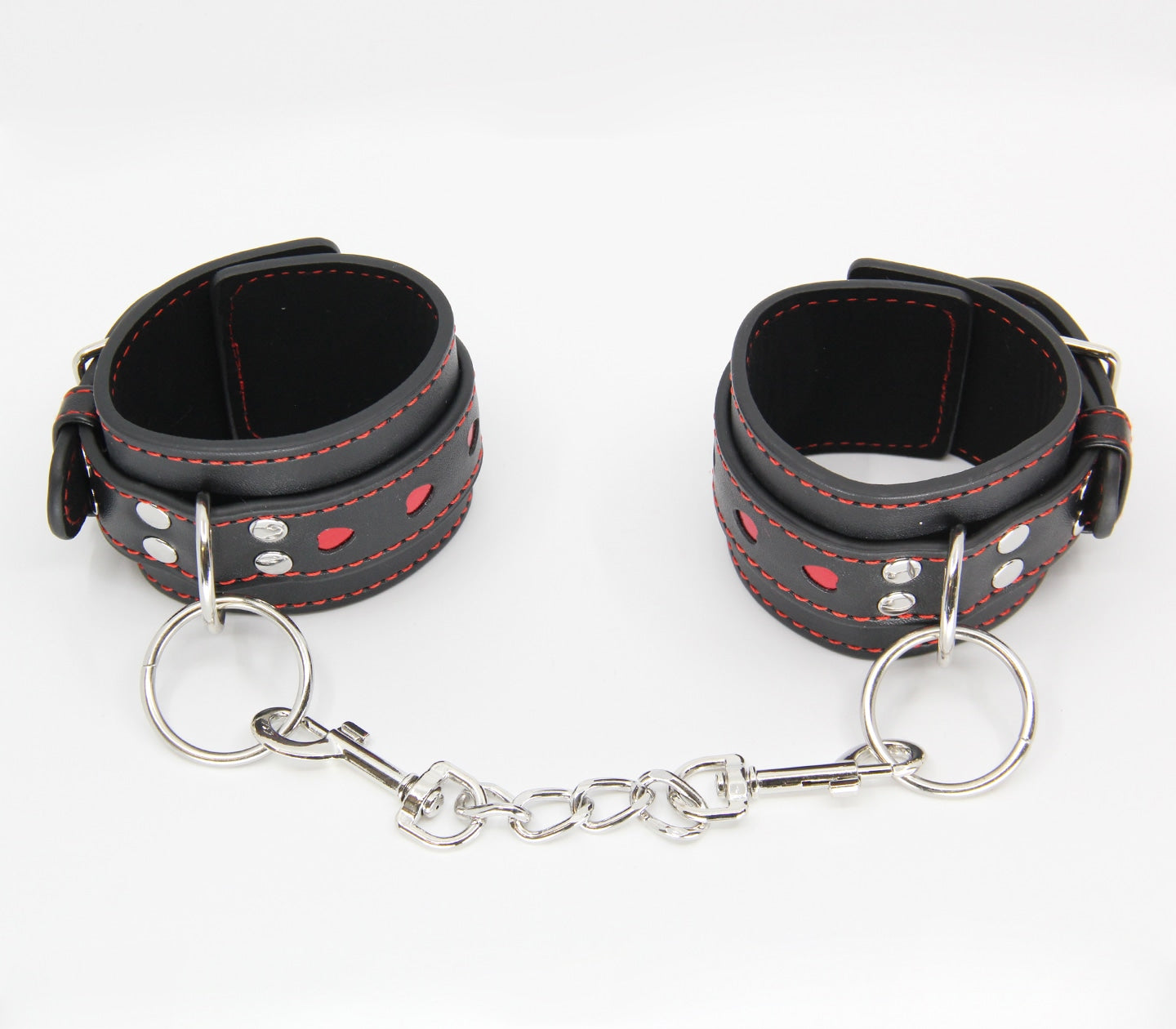 Love In Leather Black Faux Leather Wrist Cuffs With Red Metallic Heart