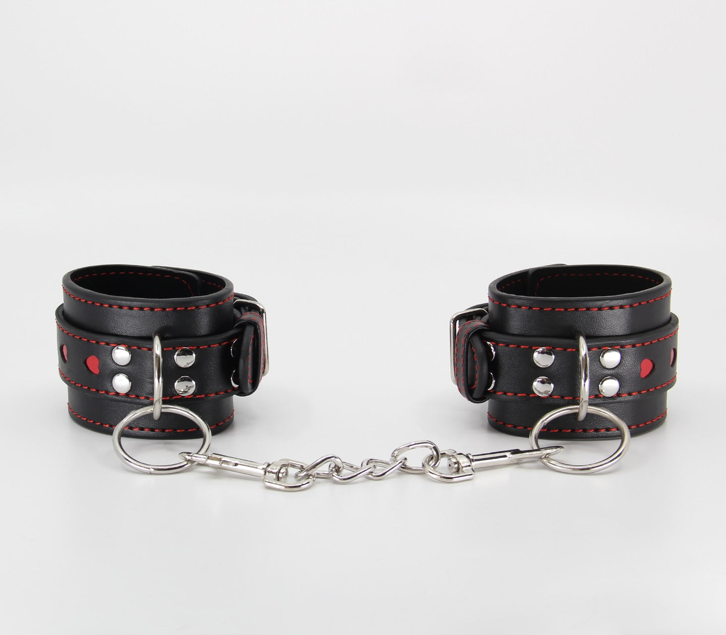 Love In Leather Black Faux Leather Wrist Cuffs With Red Metallic Heart