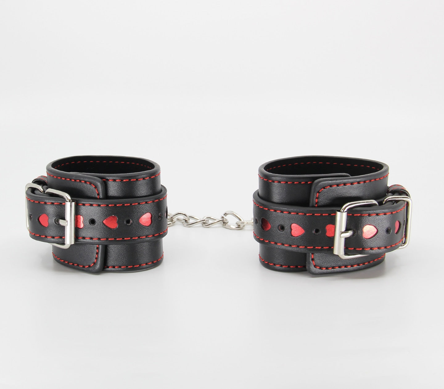 Love In Leather Black Faux Leather Wrist Cuffs With Red Metallic Heart
