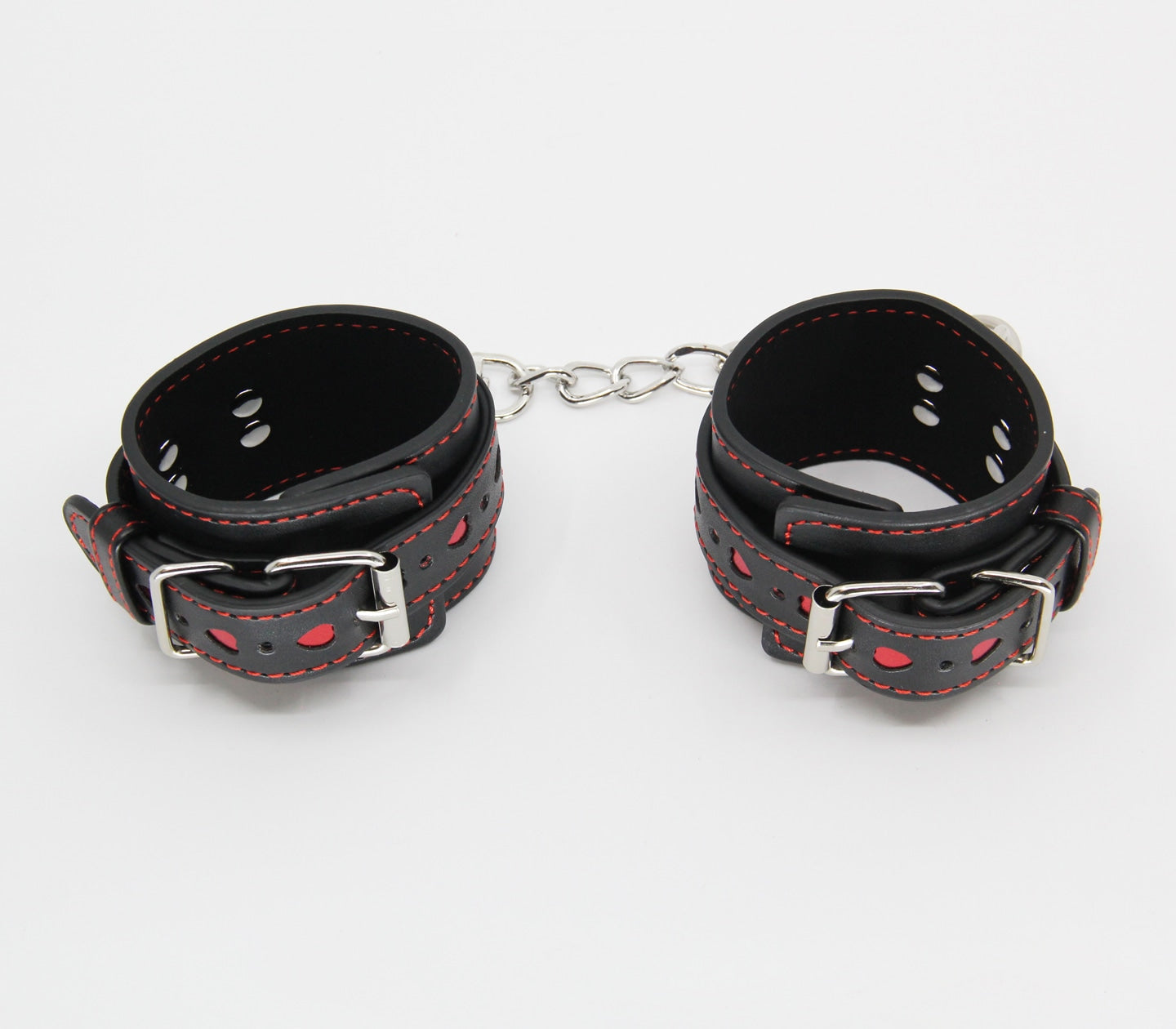 Love In Leather Black Faux Leather Wrist Cuffs With Red Metallic Heart