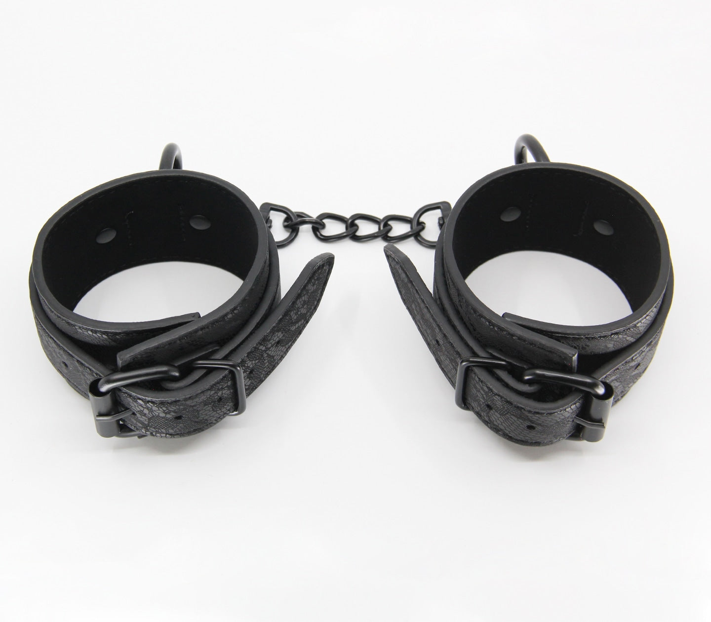 Love In Leather Black Lace Printed Wrist Restraints With Matte Black Hardware And Chain Join