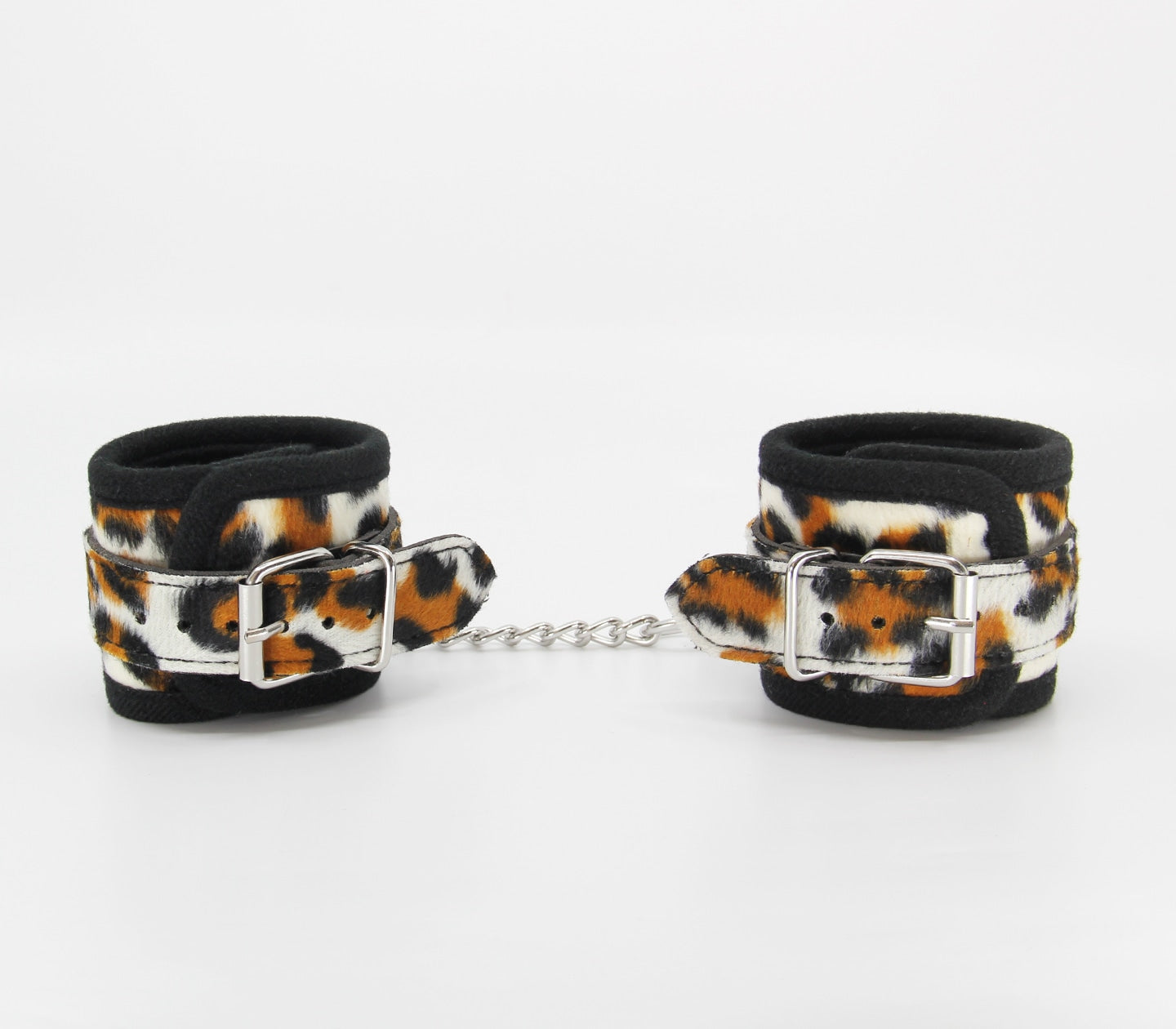Love In Leather Furry Animal Print Wrist Restraints With Detachable Chain Join