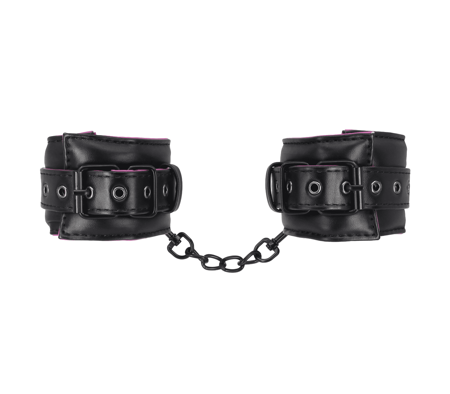 Love In Leather Black Padded Wrist Restraints With Contrast Hot Pink Lining, Matte Black Hardware