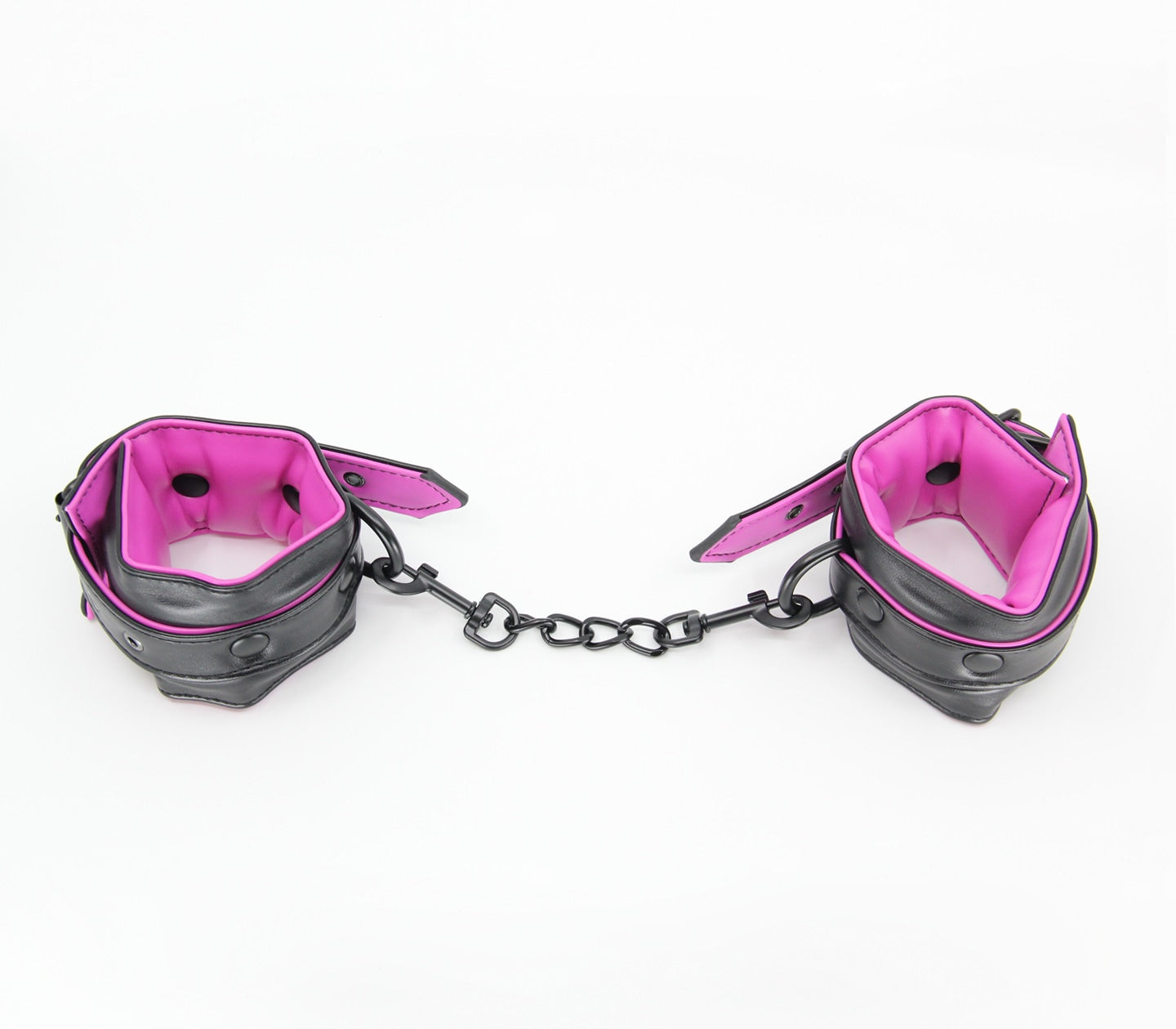 Love In Leather Black Padded Wrist Restraints With Contrast Hot Pink Lining, Matte Black Hardware