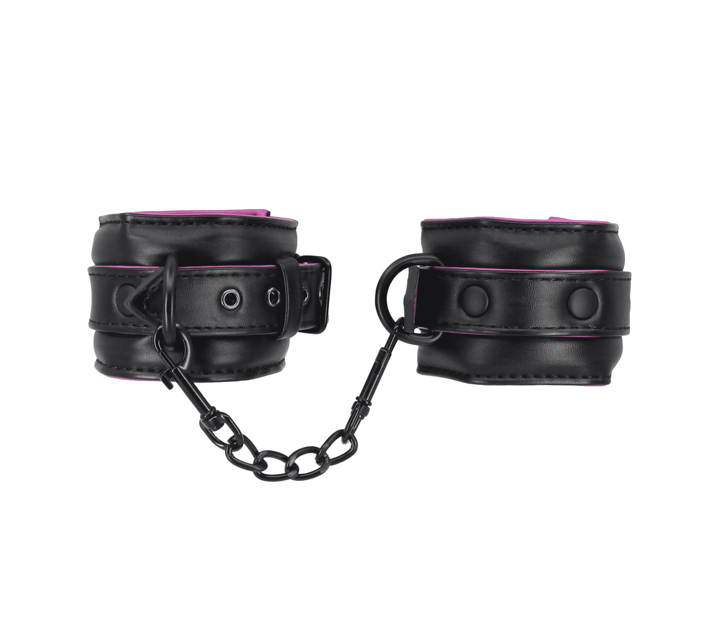 Love In Leather Black Padded Wrist Restraints With Contrast Hot Pink Lining, Matte Black Hardware