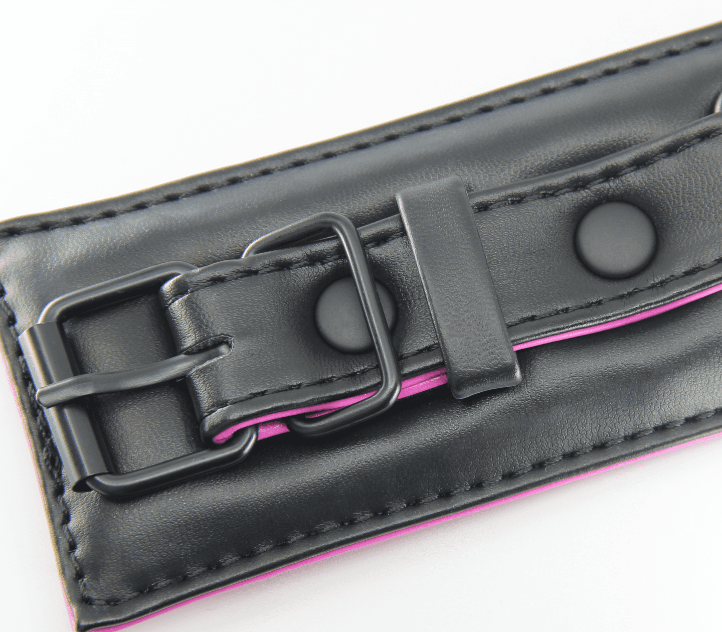 Love In Leather Black Padded Wrist Restraints With Contrast Hot Pink Lining, Matte Black Hardware