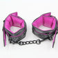 Love In Leather Black Padded Wrist Restraints With Contrast Hot Pink Lining, Matte Black Hardware