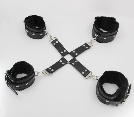 Love In Leather PU Hog Tie Shackle With Detachable Faux Fur Lined Ankle And Wrist Restraints