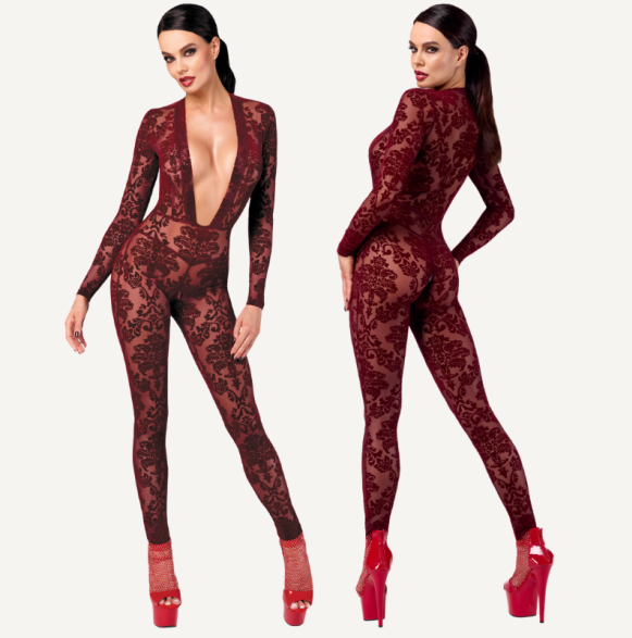Noir Kink Royal V Neck Catsuit Red Size XS/S/M