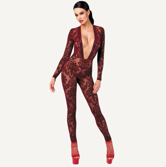 Noir Kink Royal V Neck Catsuit Red Size XS/S/M